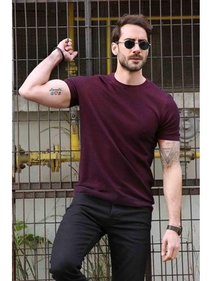 Ferraro Bordo/laci Kuşgözü Desenli Bisiklet Yaka Erkek Triko T-Shirt