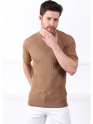 Ferraro Camel Bisiklet Yaka Erkek Pamuk Triko T-Shirt