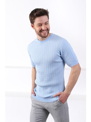 Ferraro Mavi Bisiklet Yaka Erkek Pamuk Triko T-Shirt