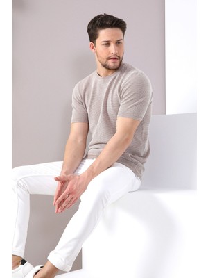 Ferraro Camel/beyaz Kuşgözü Desenli Bisiklet Yaka Erkek Triko T-Shirt