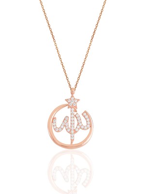 Söğütlü Silver Gümüş Rose Zirkon Taşlı  Çerçeveli Allah Lafzı Kolye