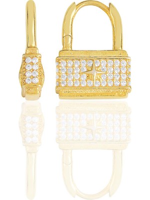 Söğütlü Silver Gümüş Altın Yaldızlı Zirkon Taşlı Özel Tasarım Kilit Küpe.