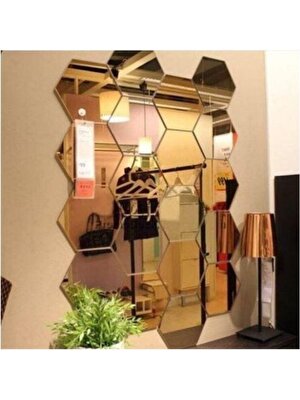 Ckr Tasarım Bal Peteği Dekoratif Altıgen Ayna 12 Adet 12X10CM (Kendinden Yapışkanlı) Gold
