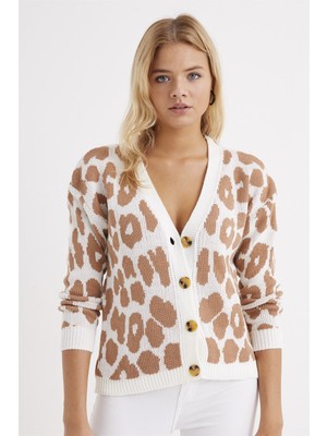 AQE FASHION Kadın Leopar Desenli Hırka Camel