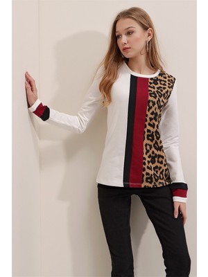 AQE FASHION Kadın Leopar Bloklu Leopar Desenli Bluz