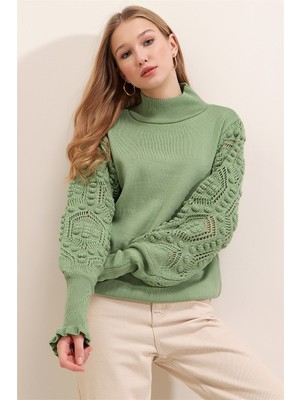 AQE FASHION Kadın Mint Yarım Balıkçı Kolu Dantel Detaylı Kazak