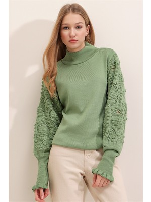 AQE FASHION Kadın Mint Yarım Balıkçı Kolu Dantel Detaylı Kazak