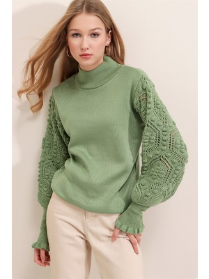 AQE FASHION Kadın Mint Yarım Balıkçı Kolu Dantel Detaylı Kazak
