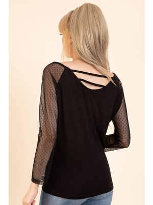 AQE FASHION Kadın Siyah Kayık Yaka Kolu Tüllü Bluz