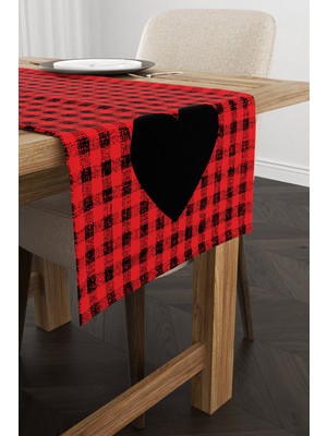Cango Home Kırmızı Siyah Ekose Kalp Desenli Dijital Baskılı Runner CGH1029-RN