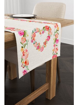 Cango Home Krem Çok Renkli Çiçekli Kalp Desenli Dijital Baskılı Runner CGH1032-RN