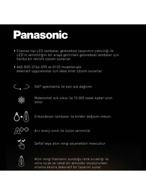 Panasonic E27 LED Filaman G125 Rustik Lamba 7W 630LM 2000K Gold LDGCH07LH1RA