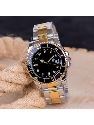 Saattino Takvimli Gümüş Gold Çelik Kordonlu Siyah Kadranlı Erkek Kol Saat ST-303989
