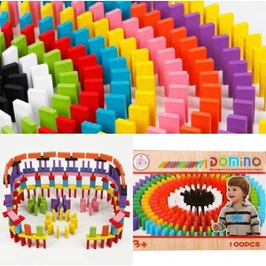 Domino 100 Parça Ahşap Taşları Domino Oyunu Renkli Eğitici Domino