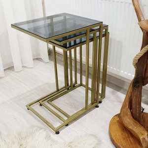 Aga Konsept 3'lü Çok Amaçlı Metal Güvenilir Temperli Füme Camlı C Sehpa Gold