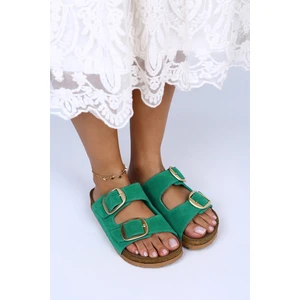 Irene Deri Çift Tokalı Yeşil Terlik