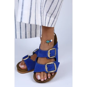 Irene Deri Çift Tokalı Mavi Terlik