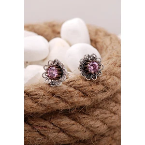 Sümer Telkari Pembe Kuvars Taşlı Telkari Elişi Gümüş Küpe 5579