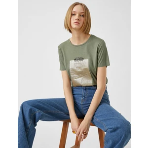 Kadın Bisiklet Yaka Kısa Kollu Baskılı Tişört