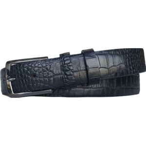 %100 Deri Kroko Desen Kumaş Pantolon Kemeri 3.5cm; Siyah