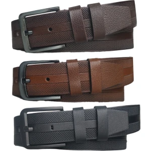 %100 Deri 3'lü Set Desenli Kot Pantolon Kemeri 4.5cm: Siyah Kahverengi Taba