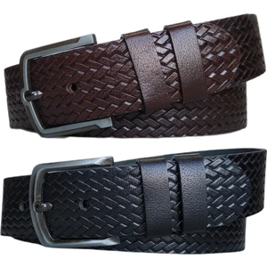 %100 Deri 2'li Set Desenli Kot Pantolon Kemeri 4.5cm: Siyah-Kahverengi