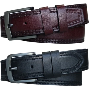 %100 Deri 2'li Set Dikiş Desenli Kot Pantolon Kemeri 4.5cm: Siyah-Bordo