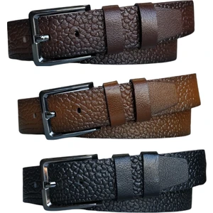%100 Deri 3'lü Set Kroko Desen Kanvas Pantolon Kemeri 4cm: Siyah-Kahverengi-Taba