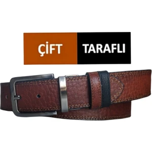%100 Deri Çift Taraflı Kanvas Pantolon Kemeri 4cm; Taba - Siyah