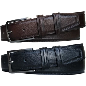 %100 Deri 2'li Set Dikiş Desenli Kumaş Pantolon Kemeri 3.5cm: Siyah-Kahverengi