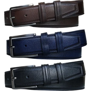 %100 Deri 3'lü Set Dikiş Desenli Kumaş Pantolon Kemeri 3.5cm: Siyah-Kahverengi-Lacivert