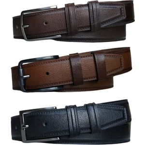 %100 Deri 3'lü Set Dikiş Desenli Kumaş Pantolon Kemeri 3.5cm: Siyah-Kahverengi-Taba