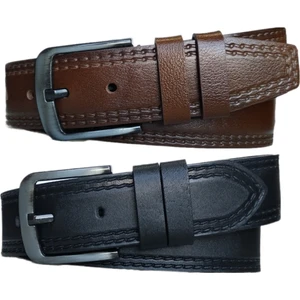 %100 Deri 2'li Set Dikiş Desenli Kot Pantolon Kemeri 4.5cm: Siyah-Taba