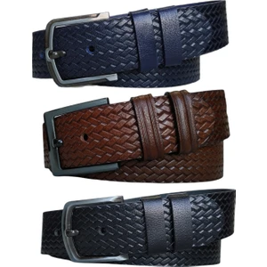 %100 Deri 3'lü Set Desenli Kot Pantolon Kemeri 4.5cm: Siyah-Lacivert-Taba