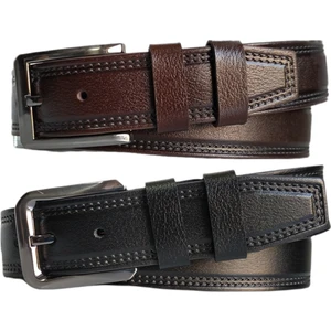 %100 Deri 2'li Set Dikiş Desenli Kanvas Pantolon Kemeri 4cm: Siyah-Kahverengi