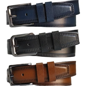 %100 Deri 3'lü Set Dikiş Desenli Kanvas Pantolon Kemeri 4cm: Siyah-Lacivert-Taba