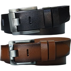 %100 Deri 2'li Set Kalın Dilli Kot Pantolon Kemeri 4.5cm: Siyah-Taba