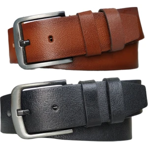 %100 Deri 2'li Set Düz Kot Pantolon Kemeri 4.5cm: Siyah-Taba