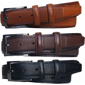 %100 Deri 3'lü Set Desenli Klasik Kumaş Pantolon Kemeri 3.5cm : Siyah - Kahverengi - Taba
