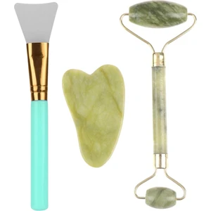 Buffer® Çift Taraflı Jade Roller Yeşim Taşı Seti + 2li Silikon Maske Sürme Fırçası Cilt Bakım Seti