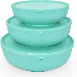 Melkan Home Yuvarlak Kapaklı Sığ Kase Seti 3'lü Kase Set Sert Plastik Yumuşak Kapaklı Pastel Yeşil