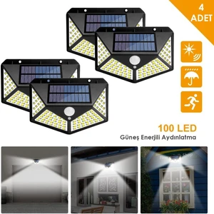 4ADET 100 Ledli Hareket Sensörlü Güneş Enerjili Solar Bahçe Lambası LED Şarj Olabilen