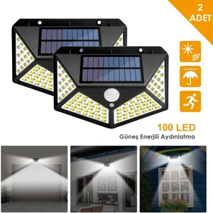 2ADET 100 Ledli Hareket Sensörlü Güneş Enerjili Solar Bahçe Lambası LED Şarj Olabilen