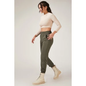 AQE FASHION Kadın Dar Kesim Lastikli Eşofman Haki
