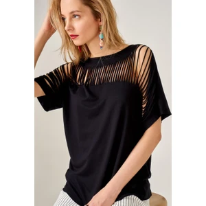 AQE FASHION Kadın Lazer Kesim Siyah Bluz