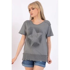 AQE FASHION Kadın Gri Yıldız Baskılı Geniş Yaka File Detaylı Bluz