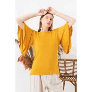 AQE FASHION Kadın Hardal Kolu Volanlı Kayık Yaka Bluz