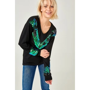 AQE FASHION Kadın Pullu Desenli Siyah Bluz