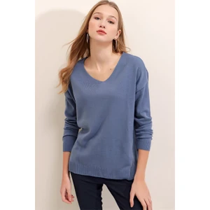 AQE FASHION Kadın Indigo V Yaka Mevsimlik Kazak