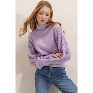 AQE FASHION Kadın Lila Yarım Balıkçı Kolu Dantel Detaylı Kazak